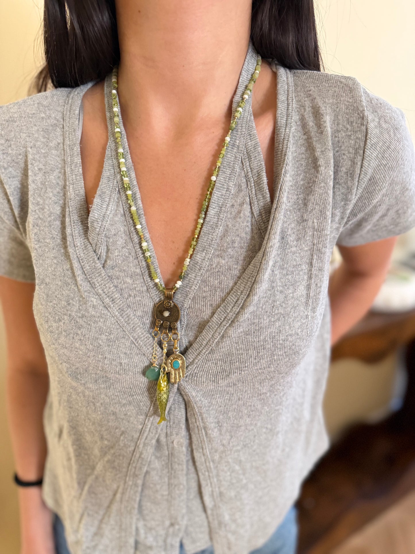 Green Beaded Multi Charm Fish Necklace