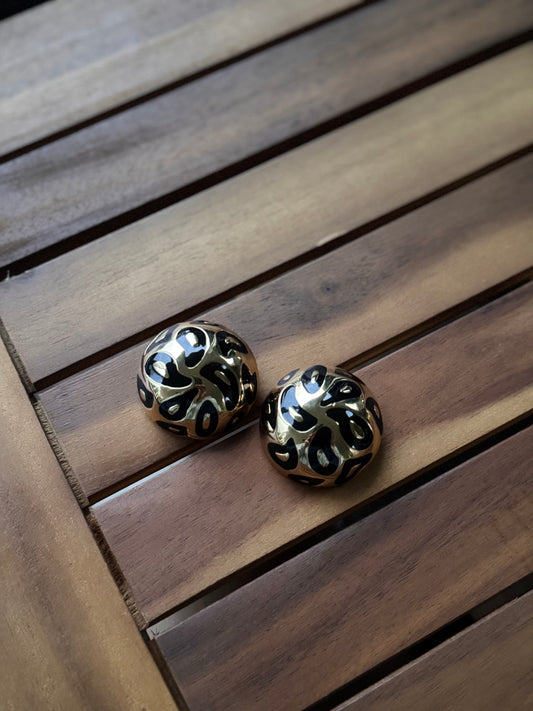 Gold Tone Black Enamel Round  Clip On Earrings