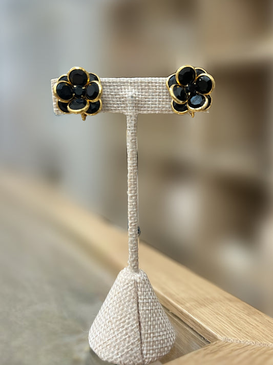 Gold Tone And Black Flower Earrings