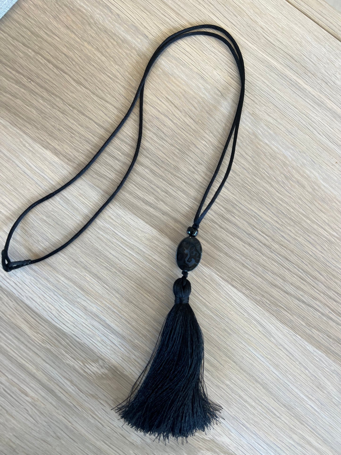 Black Gemstone Tassel Necklace