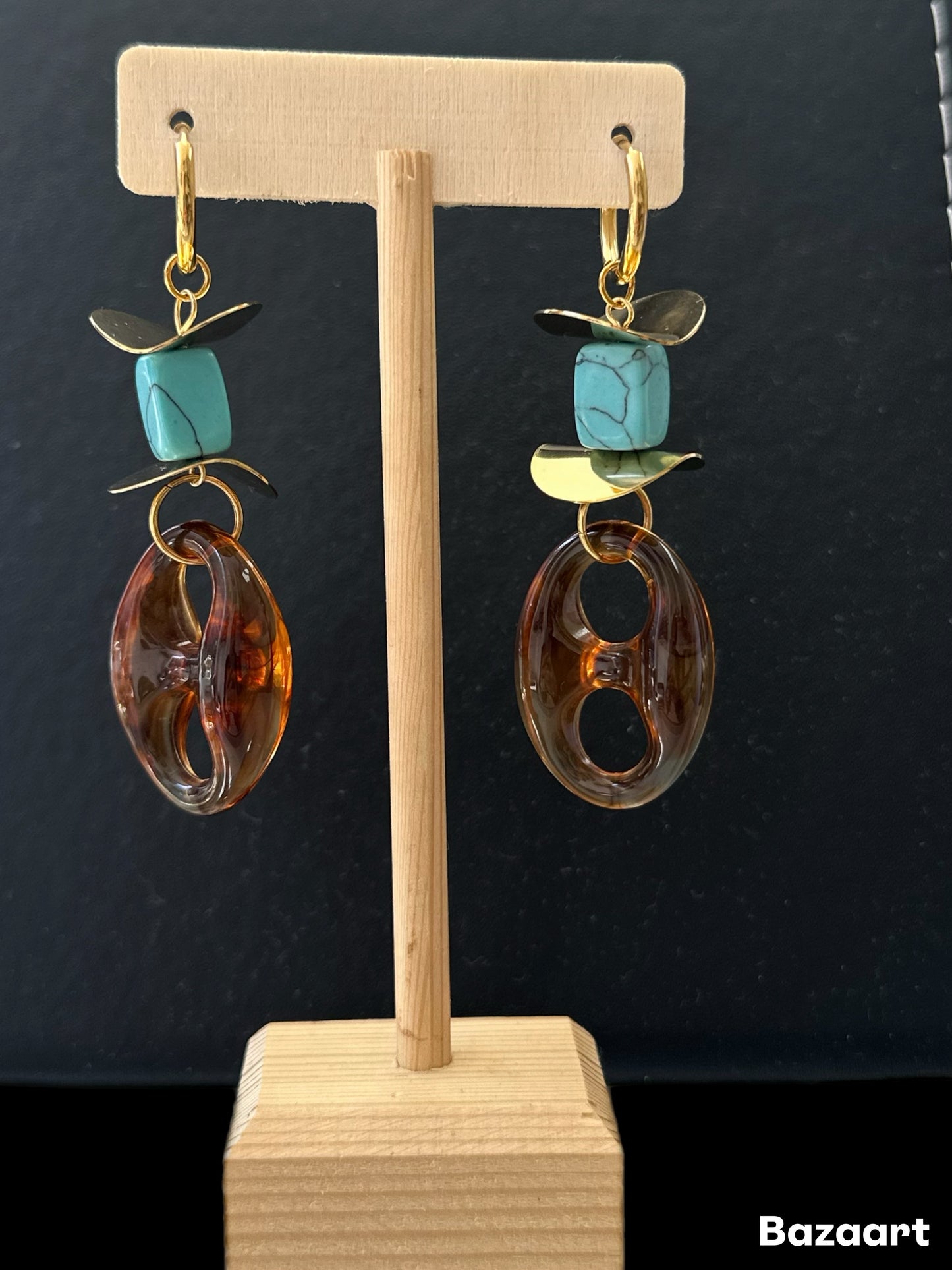 Turquoise Gold And Brown Coffee Bean Hanging Earring