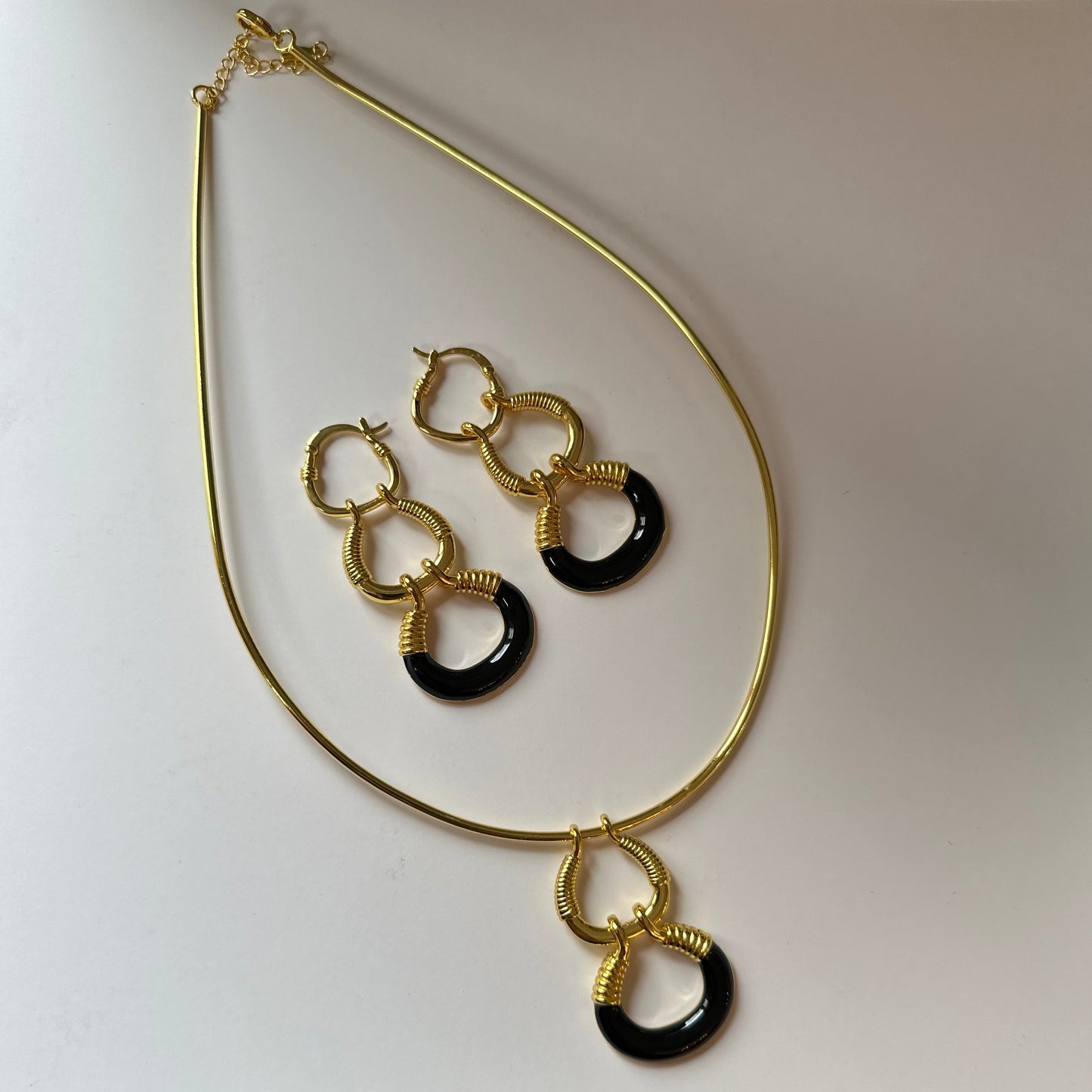 Gold and Black Enamel Necklace and Earrings Set