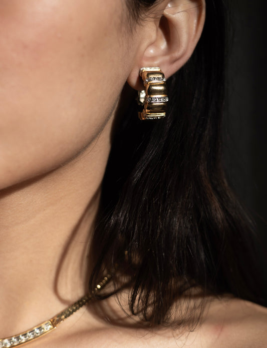 Gold and Crystal Half Hoop Earrings