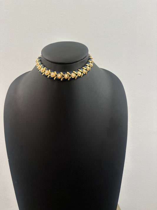 Enamel and Faux Pearl Choker Necklace