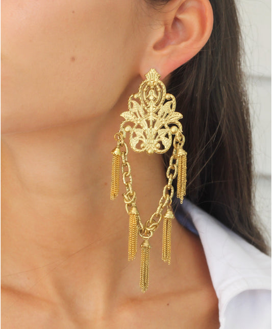 Gold Chandelier Tassel Statement Earring