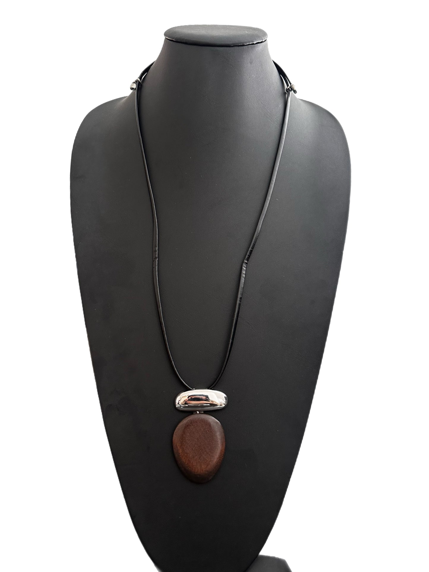 Wood and Silver Leather Pendant Necklace