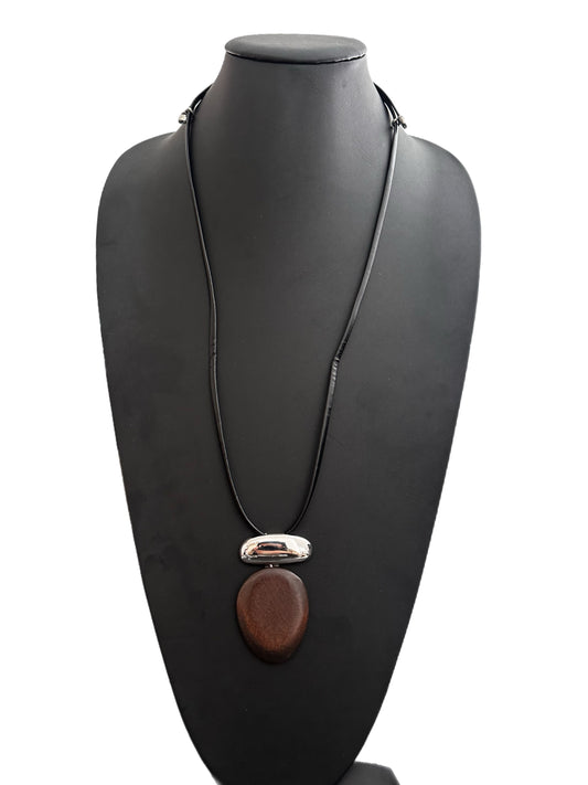 Wood and Silver Leather Pendant Necklace