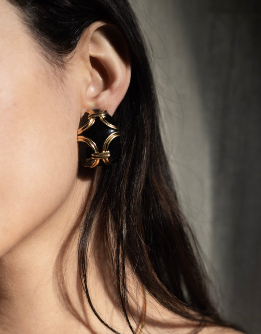 Vintage Ciner Gold And Black Enamel Clip Earrings