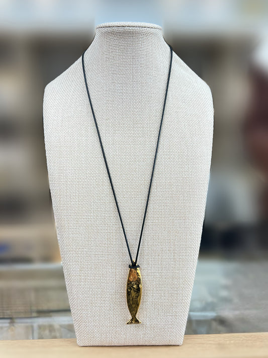 Gold Hammered Fish With Black Cord