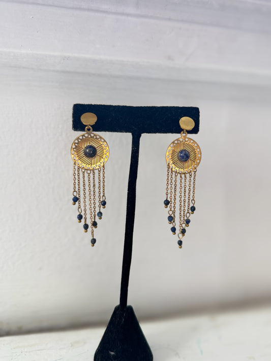 Gold and Blue Circle Tassel Earrings