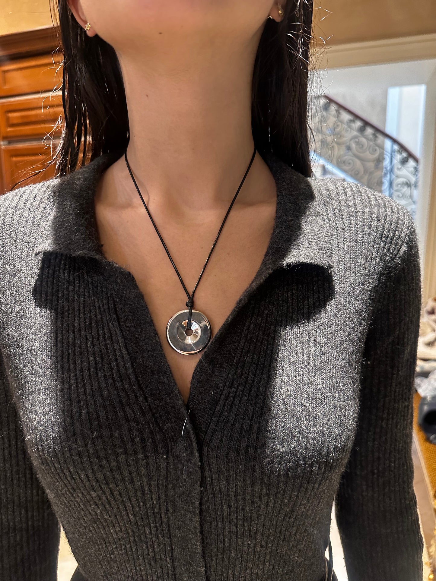 Black Cord Silver Round Pendant Necklace