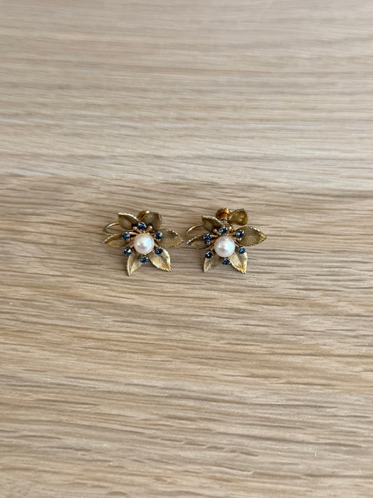 Vintage Pearl Flower & Rhinestone Earrings
