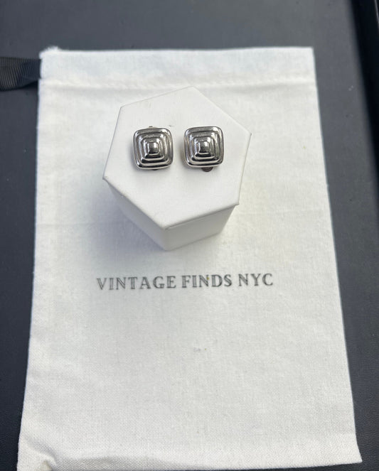 Silver Ribbed Square Earrings