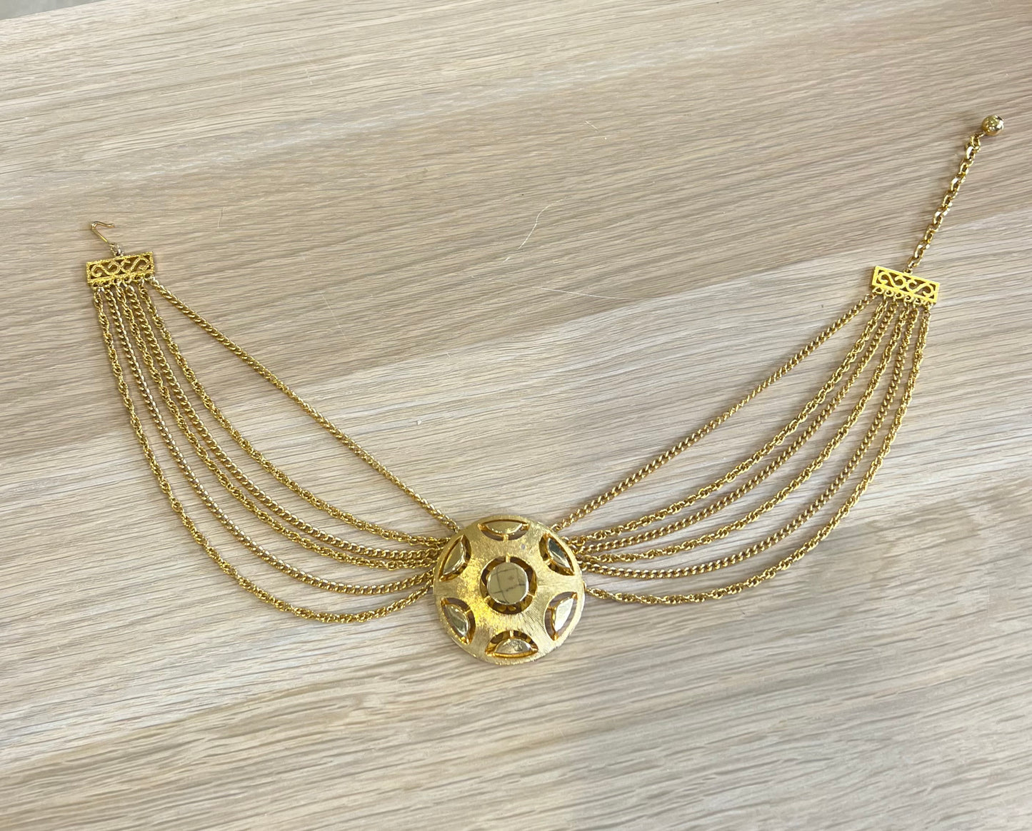 Vintage Multi Chain Gold Necklace With Round Pendant