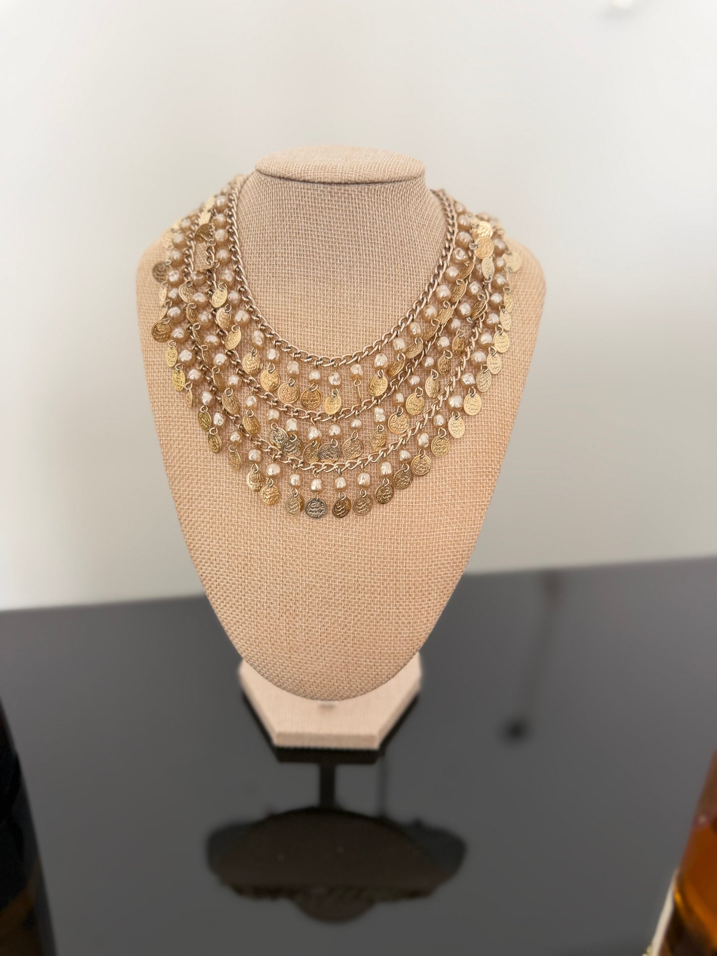 Vintage  Gold Coin Beaded Pearl Collar Choker Necklace
