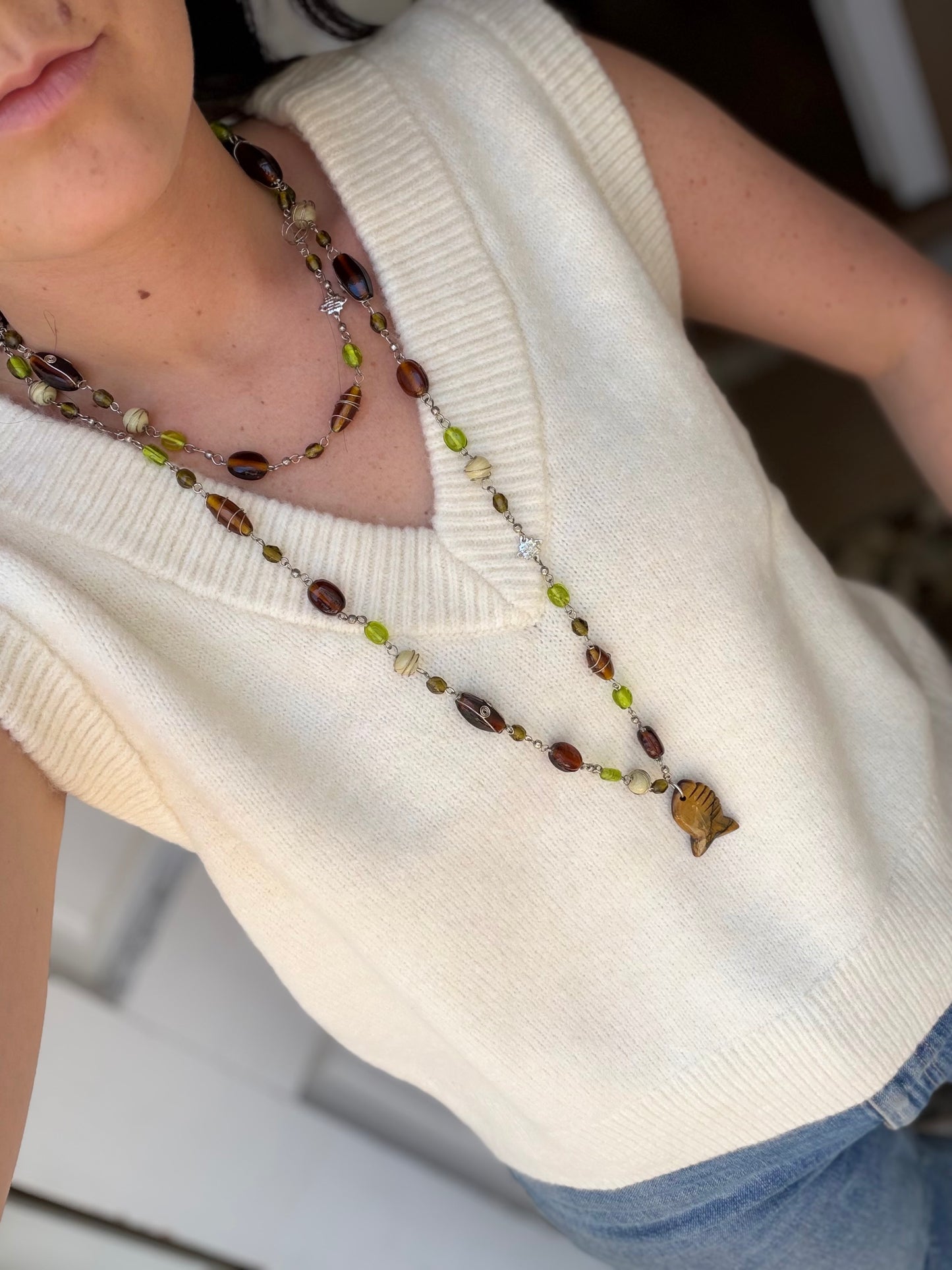 Brown and Green Beaded Fish Necklace