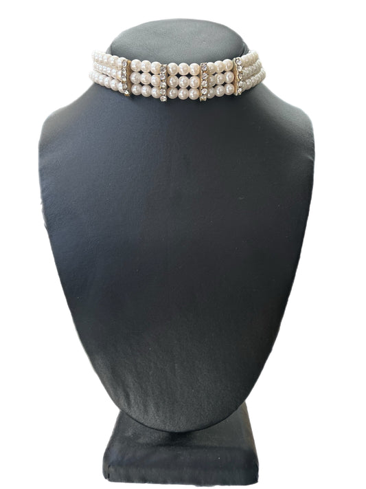 Pearl Three Strand With Rhinestones Choker