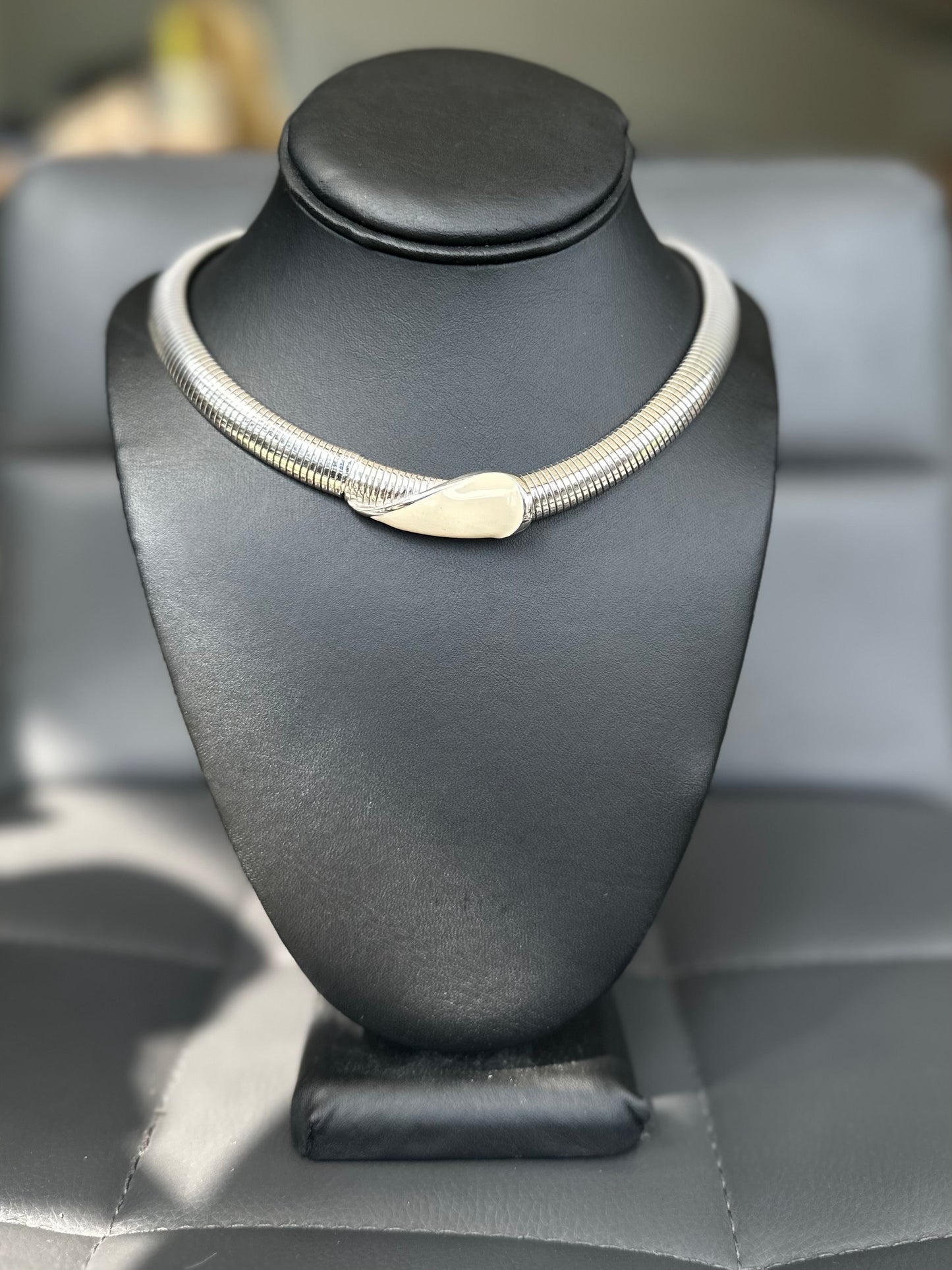 Silver Omega Collar Necklace With White Enamel