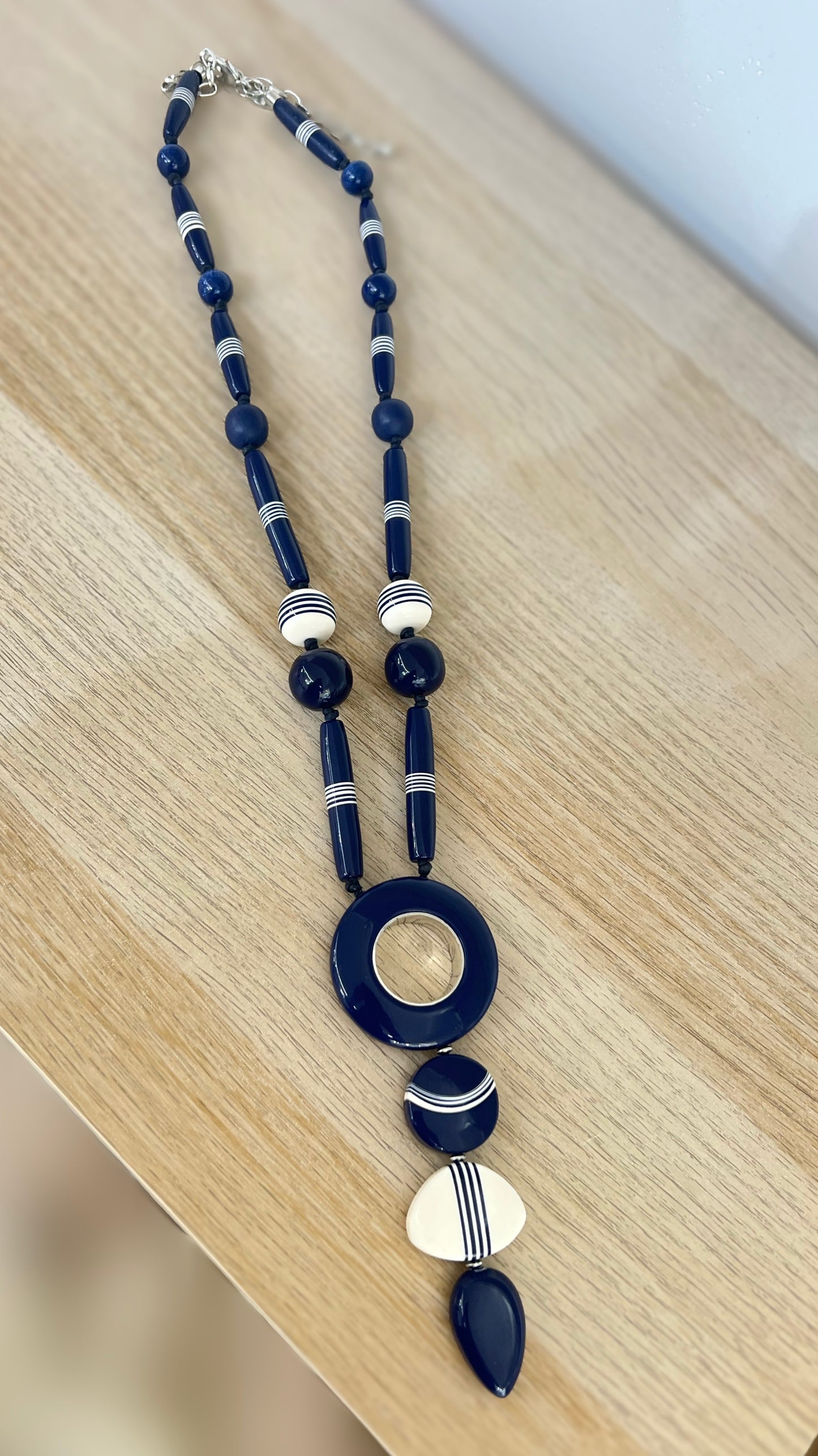 Navy and White Bead-Like Long Necklace