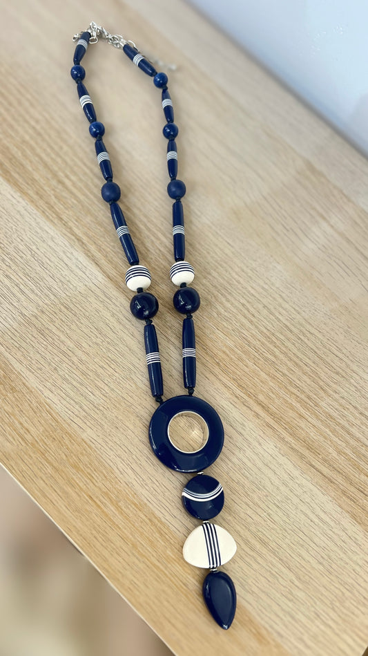 Navy and White Bead-Like Long Necklace