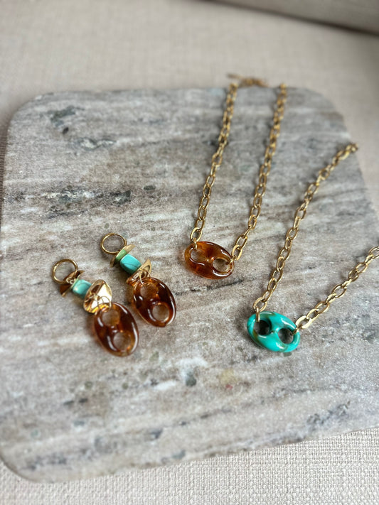 Turquoise Coffee Bean Necklace & Earrings Set
