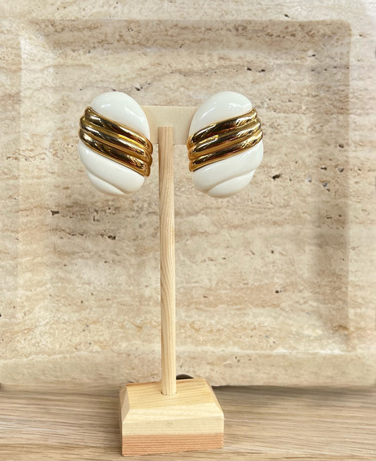 Vintage Clip On Gold & Cream Earrings