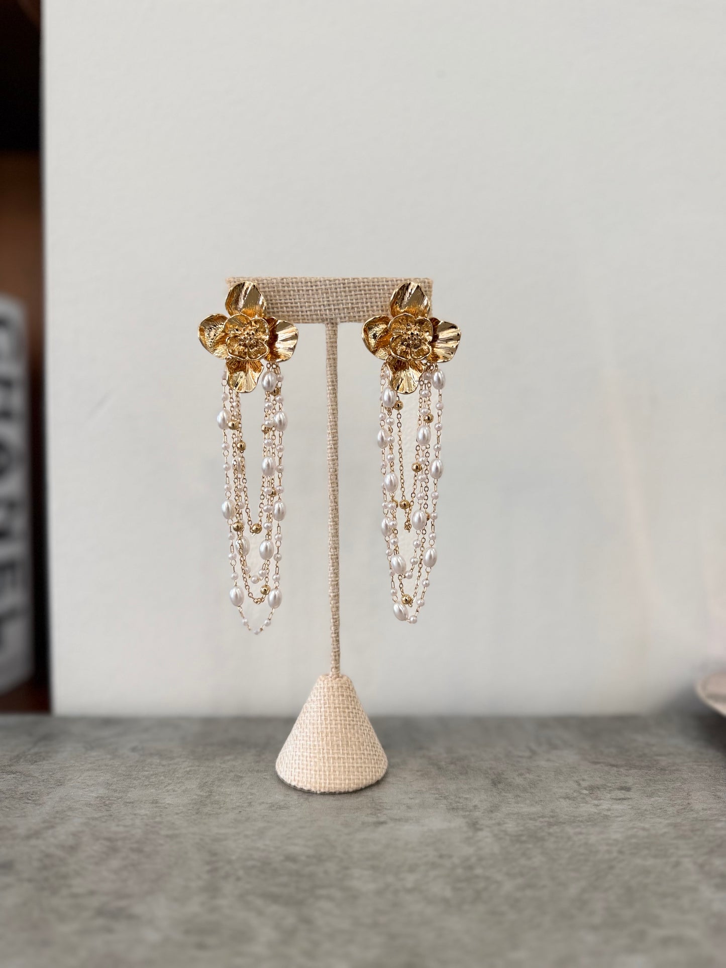 Gold Floral And Pearl Hanging Earrings