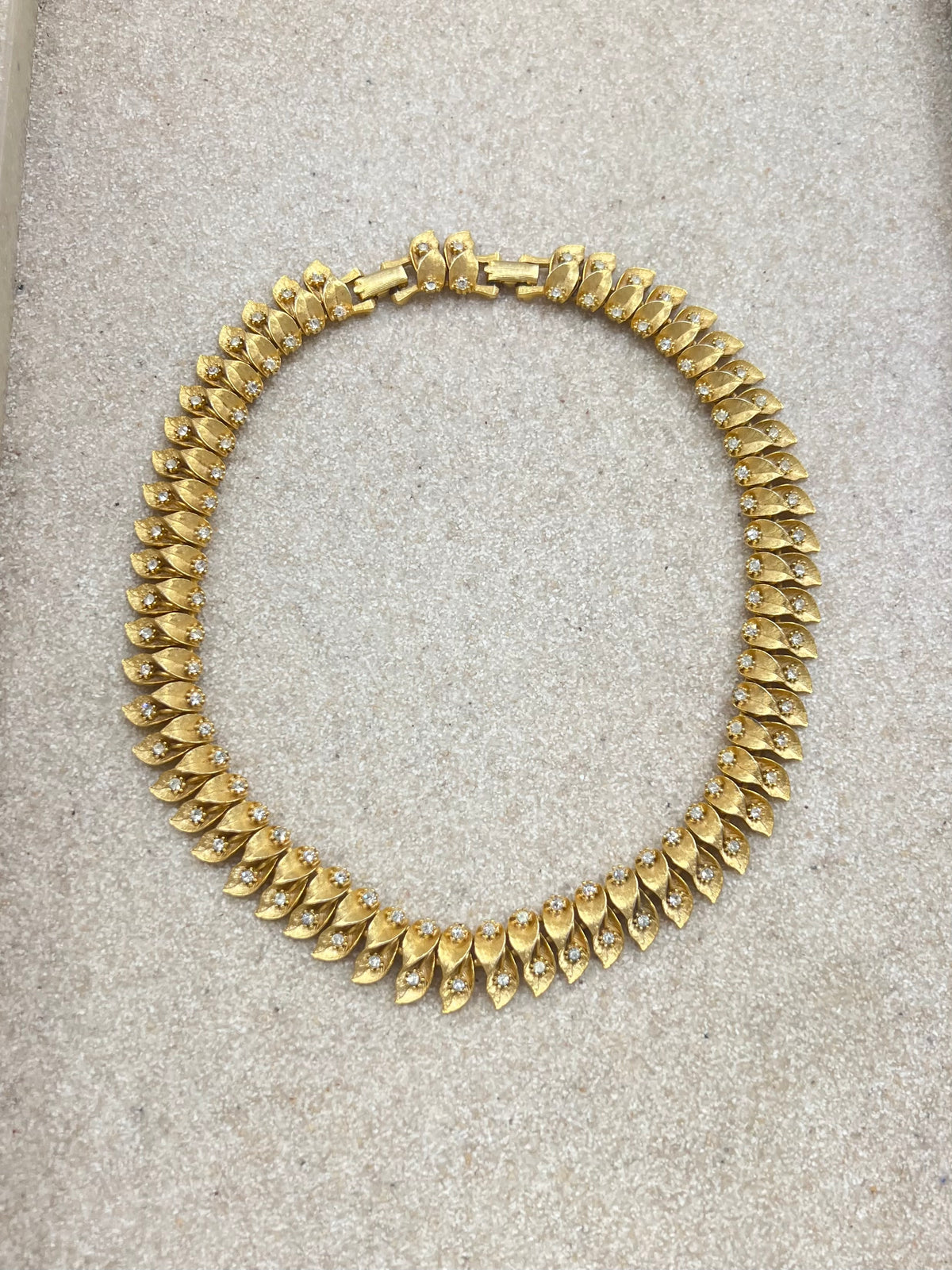 Gold Matte And Rhinestone Leaf Choker Necklace