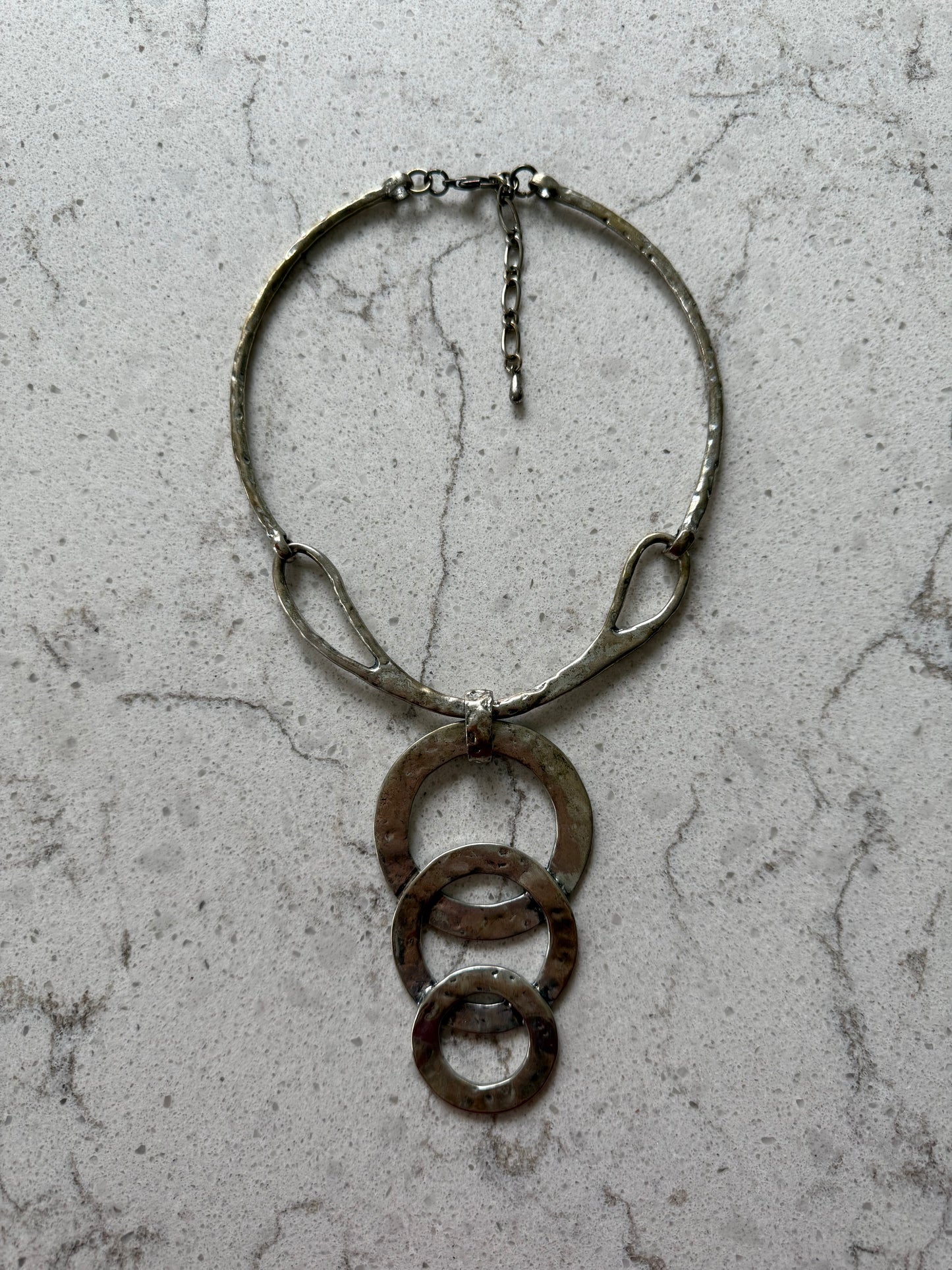 Hammered Silver Tone Statement Necklace with Open Linked Circles Pendant