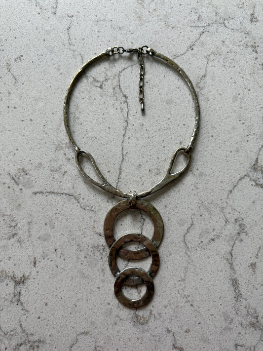 Hammered Silver Tone Statement Necklace with Open Linked Circles Pendant