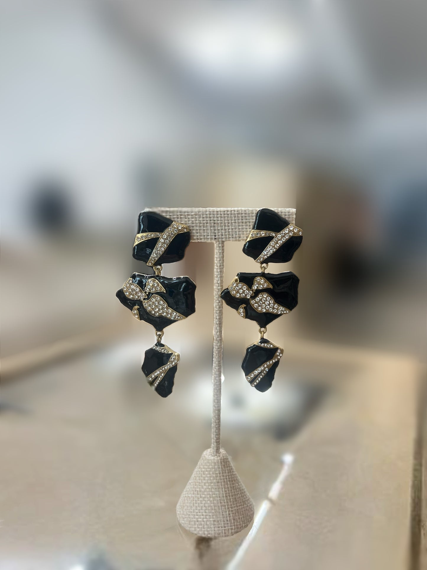 Three Tier Black And Diamond Hanging Earrings