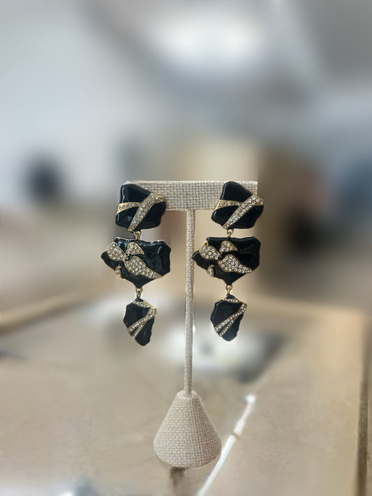 Three Tier Black And Diamond Hanging Earrings