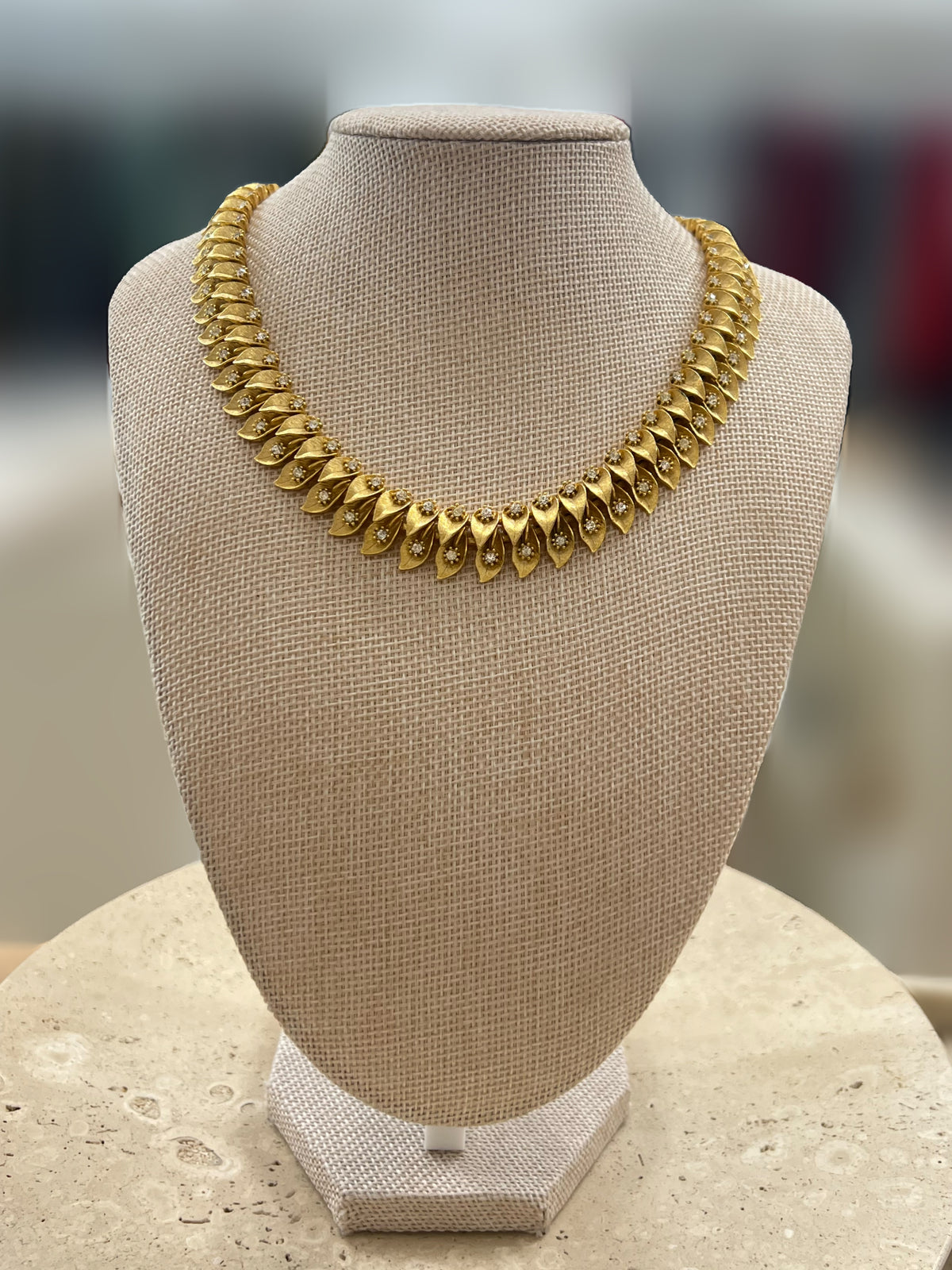 Gold Matte And Rhinestone Leaf Choker Necklace
