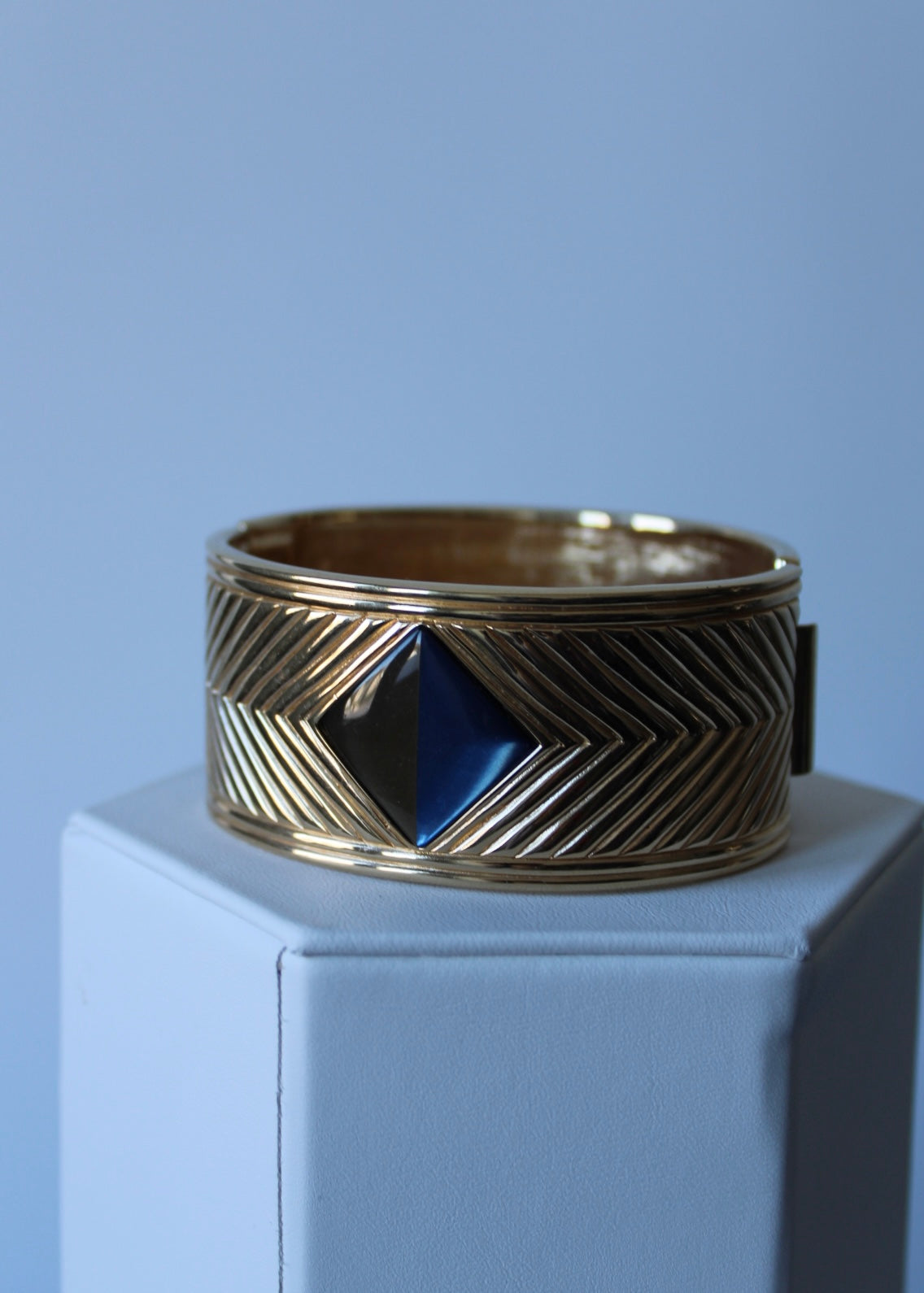 Gold Cuff with Blue and Grey Diamond Shape