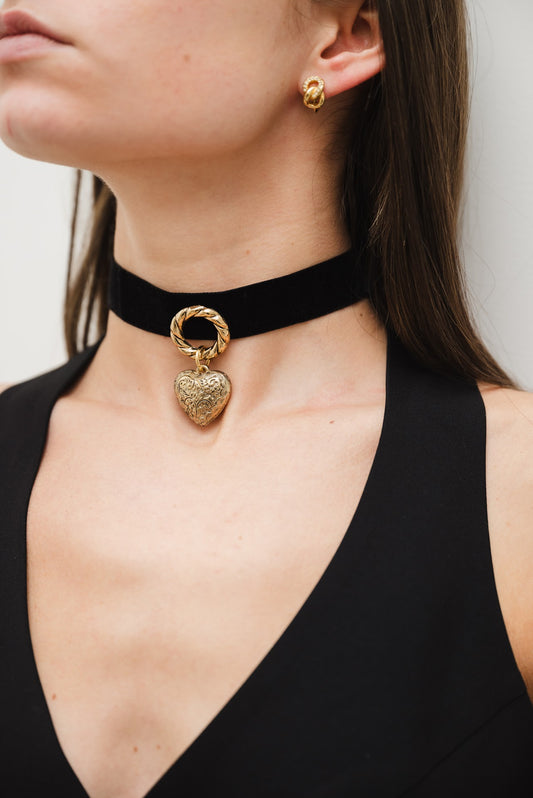 Vintage Heart Pendant On Black Velvet Choker