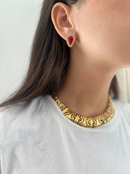 Gold Tone Ruby Red Crystal Earrings