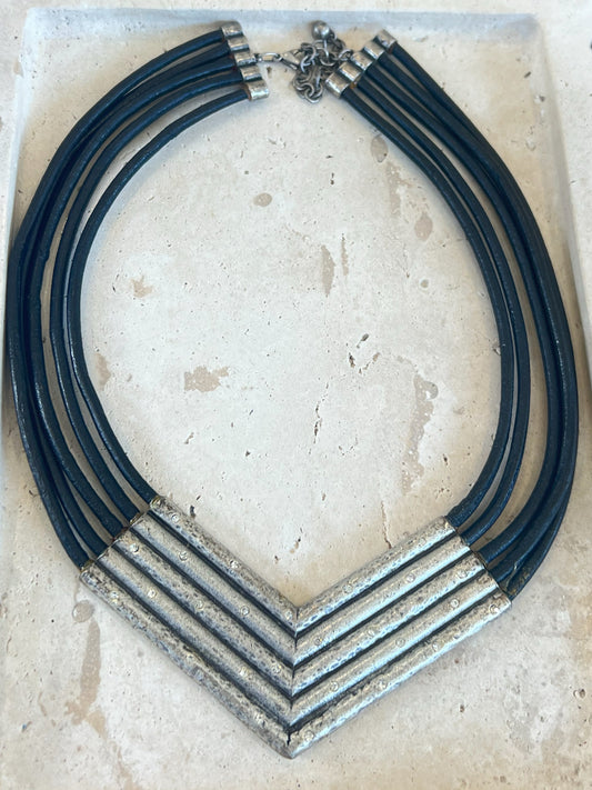 Black Leather And Silver V With Mini Crystal Choker Necklace