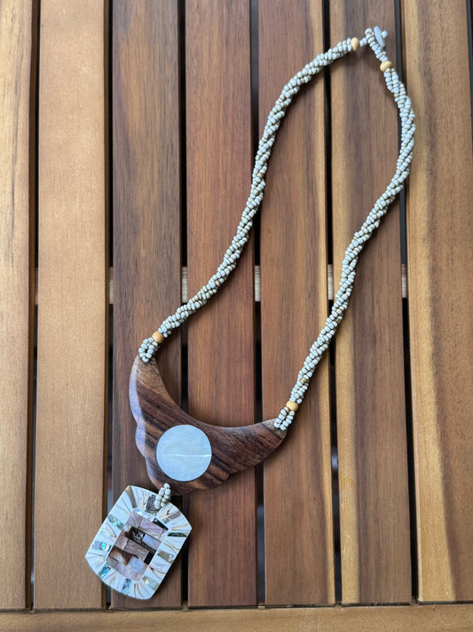 Beaded Wood Pendant Necklace