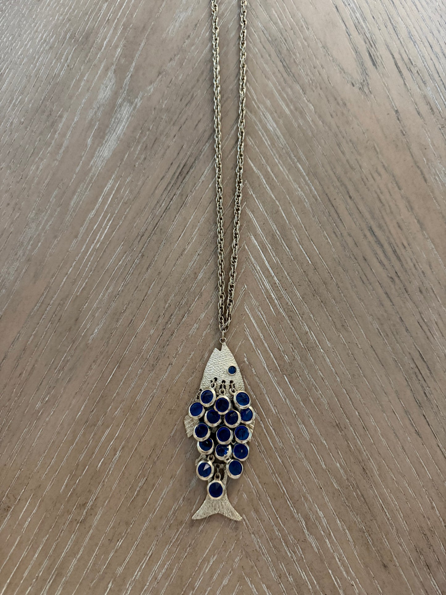 Vintage Blue Crystal Articulated Fish Pendant Necklace