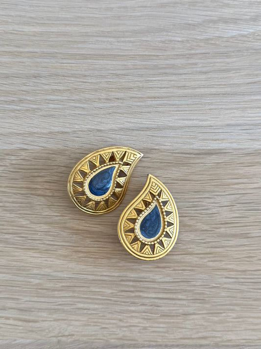 Vintage Paisley Clip On Antiqued Gold Navy Enamel Earrings