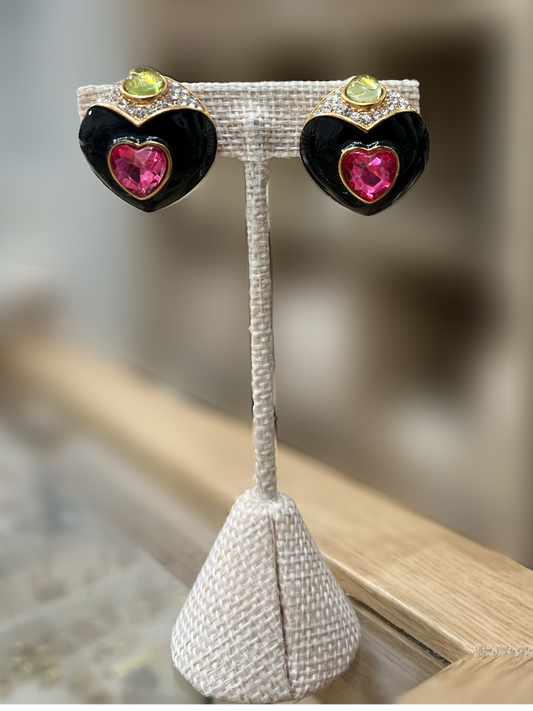 Black Heart With Pink and Green Stone Earring