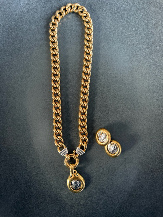 Two Tone Link Heavy Chain Coin Necklace and Earrings Set
