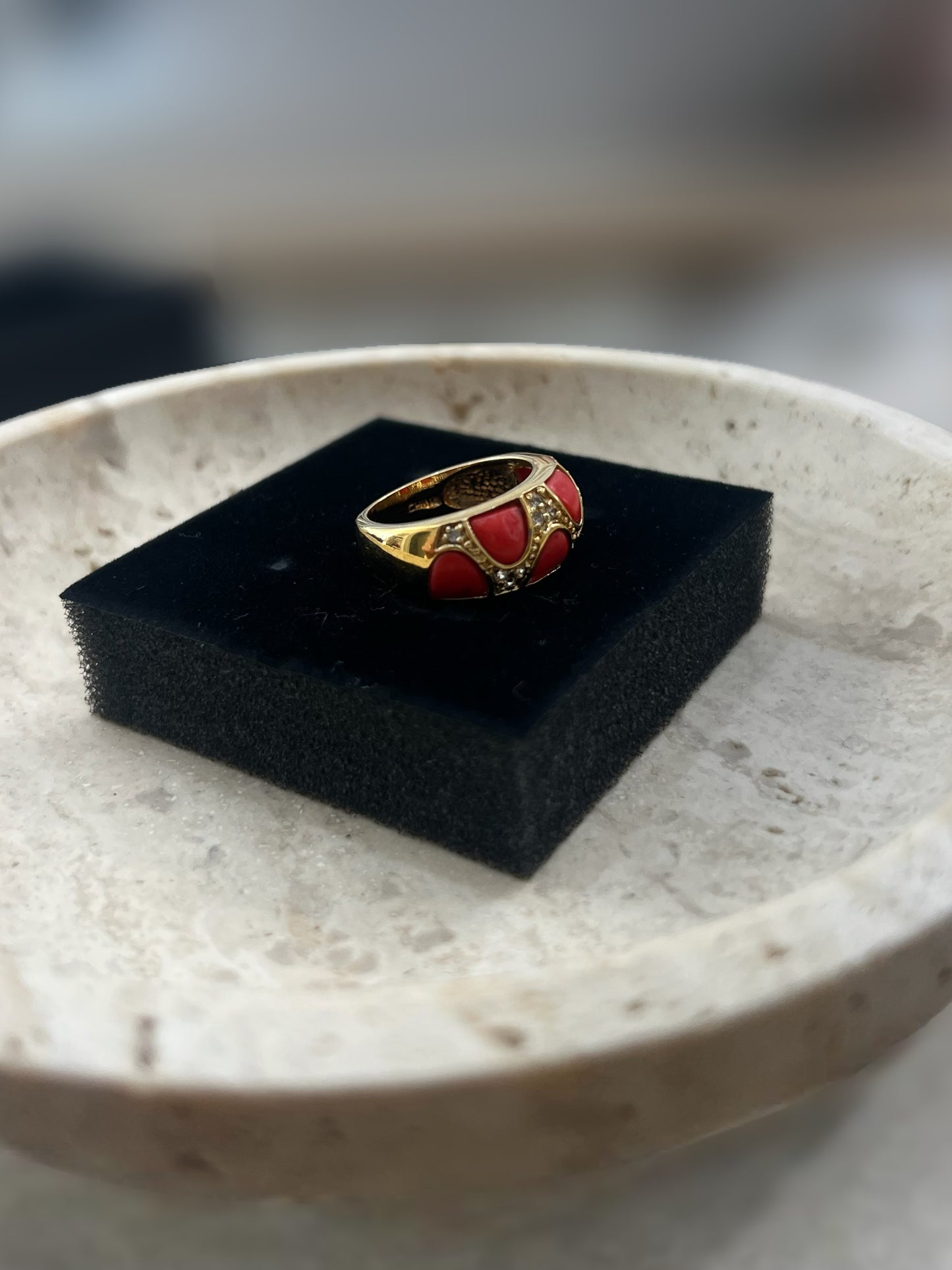 Red And Crystal Gold Tone Ring