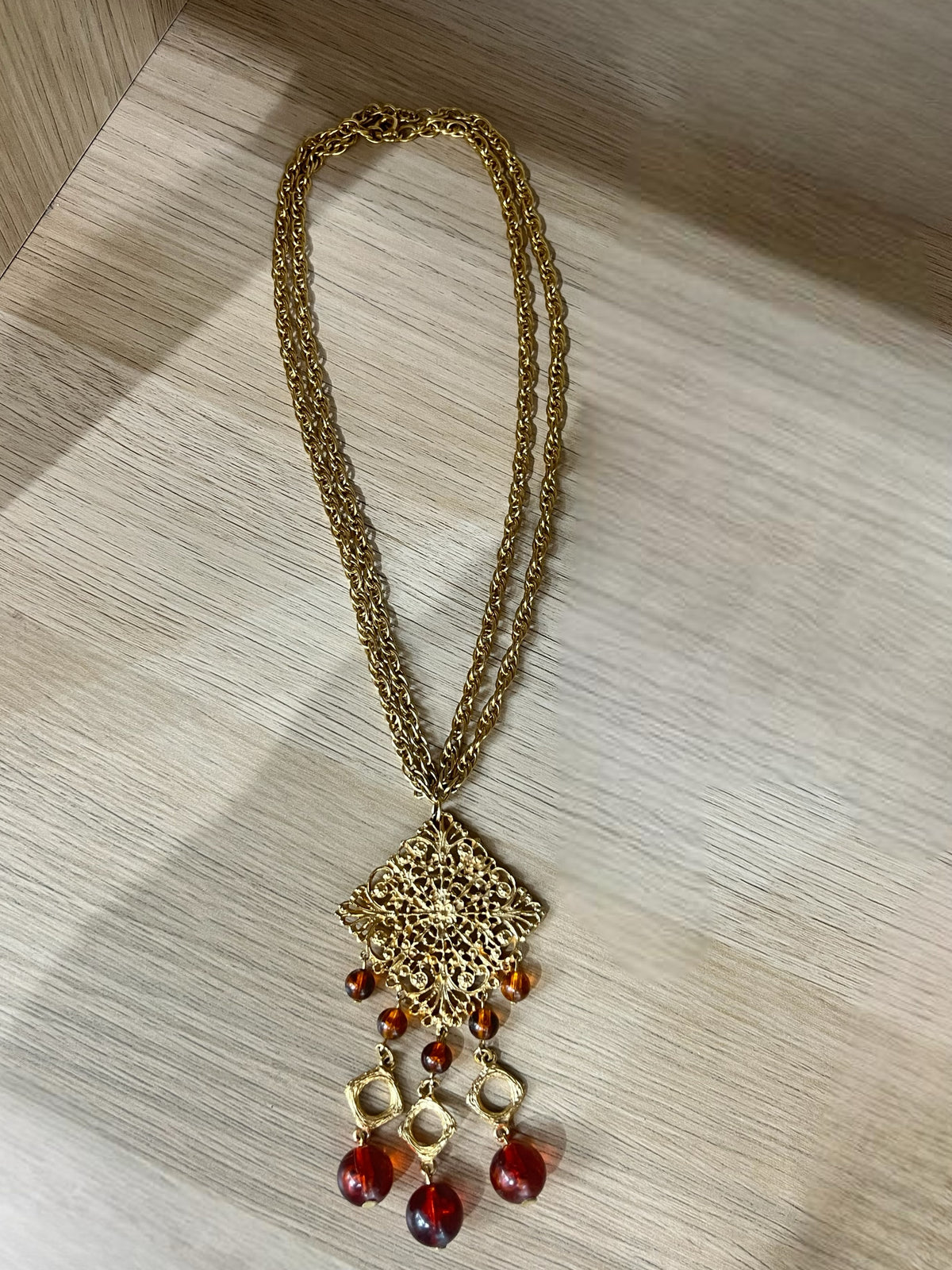 Gold Double Strand Amber Hanging Pendant