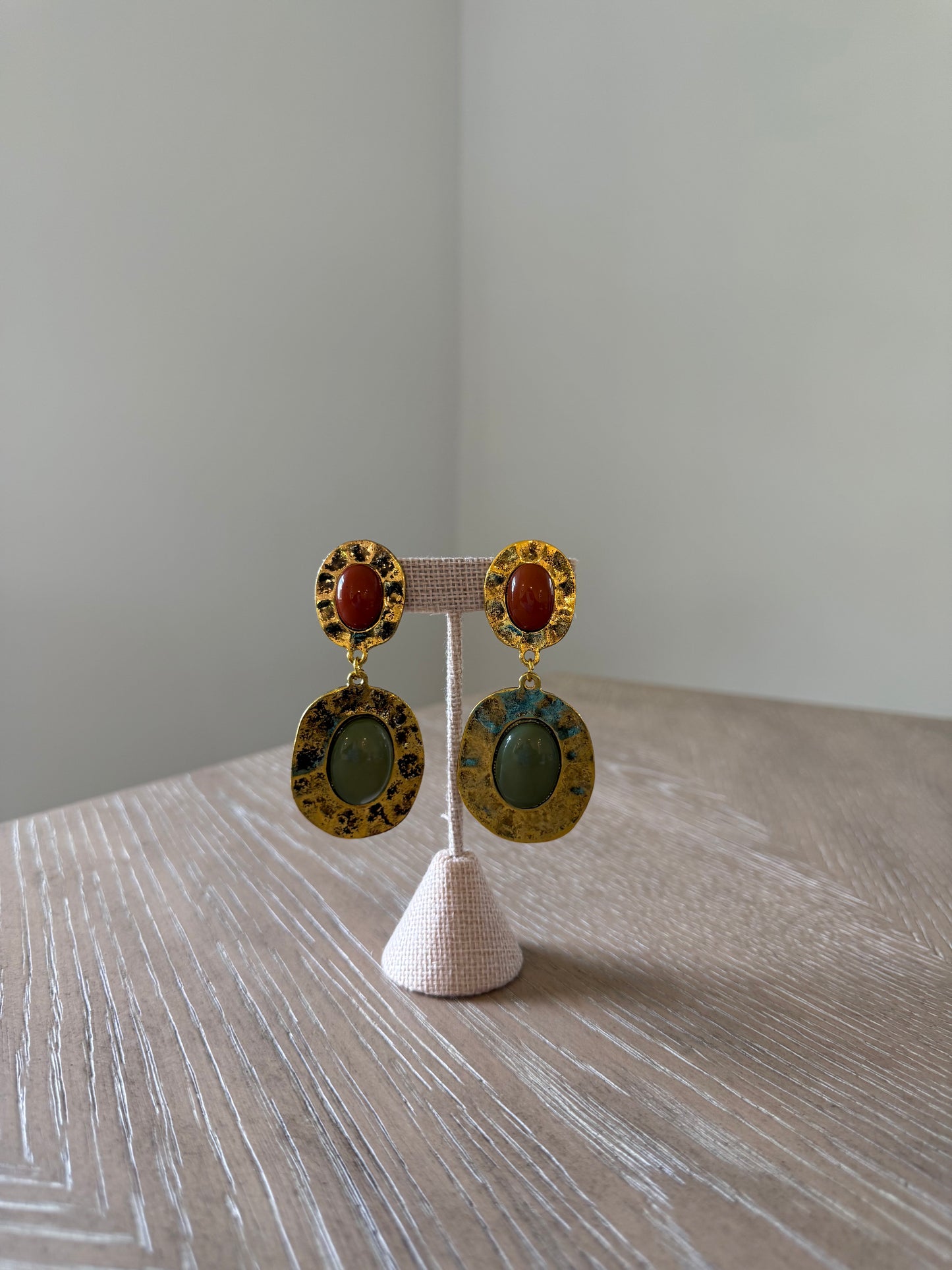 Gold Hammered Green and Rust Red Earrings