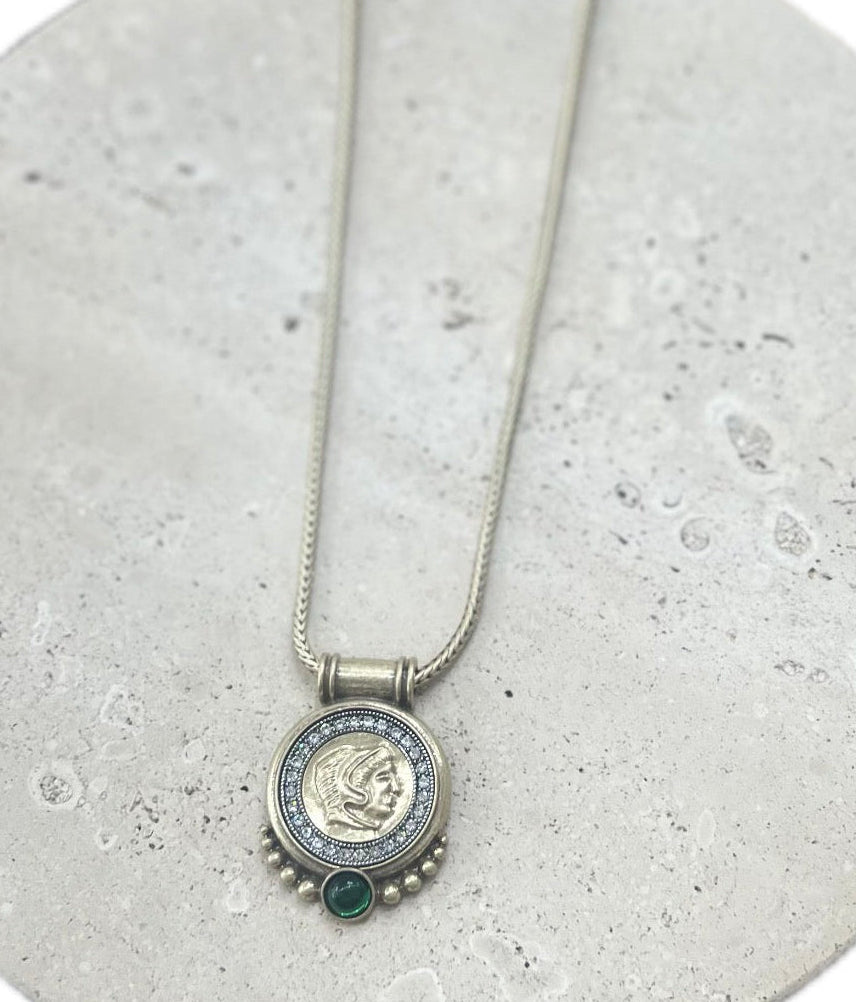Coin Pendant Necklace With Emerald Stone