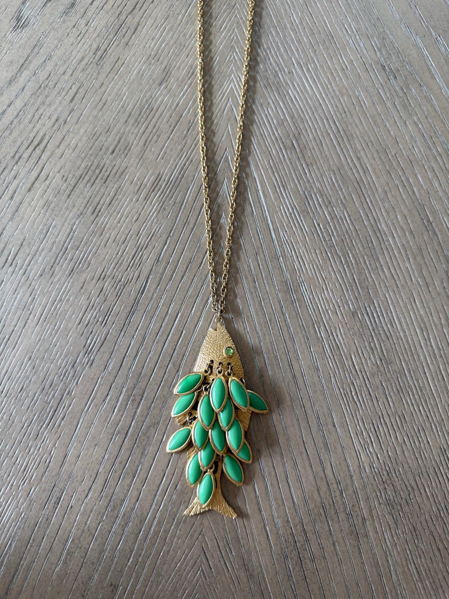 Vintage Green Enamel Fish Pendant Necklace