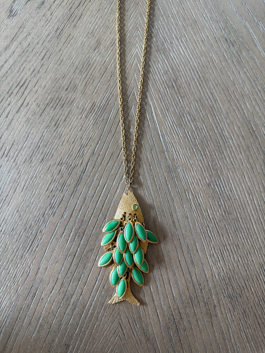 Vintage Green Enamel Fish Pendant Necklace