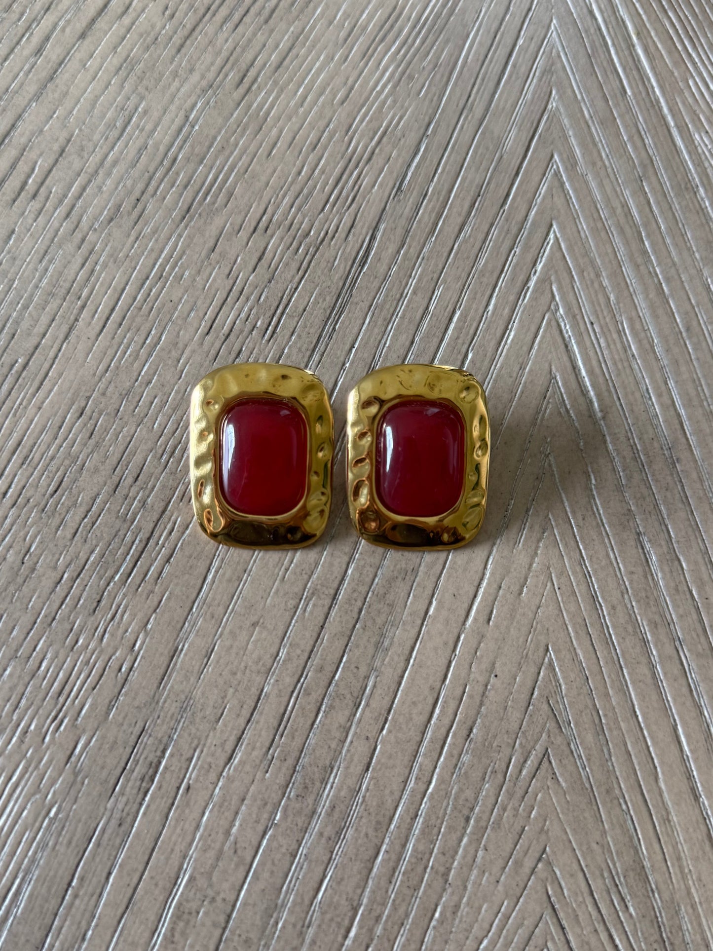 Square Earrings With Red Stone