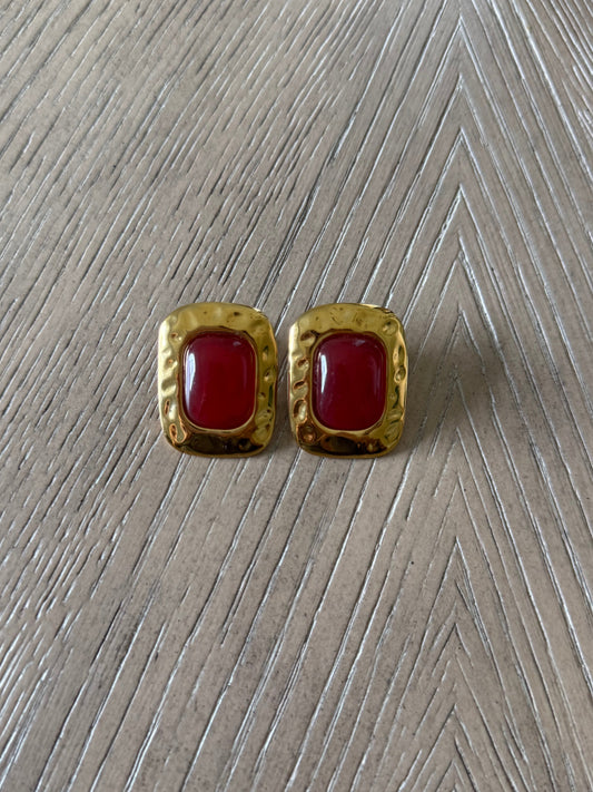 Square Earrings With Red Stone